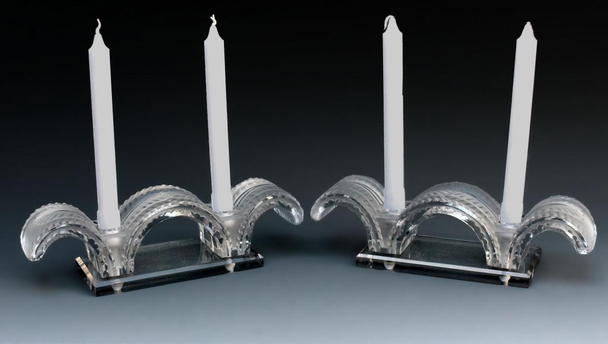 Lalique Pair Of Candlesticks '' Porquerolles ''-photo-4