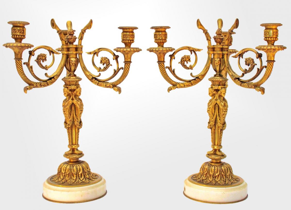 François Rémond & Démosthène Dugourc Paire D'importants Candélabres En Bronze XIXe
