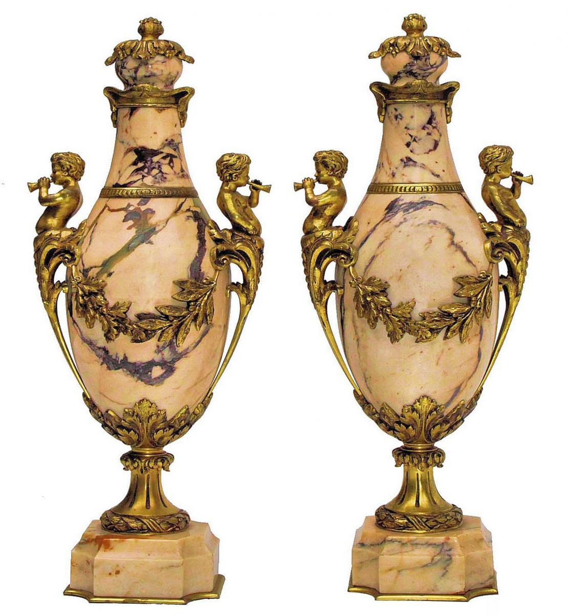 Paire De Grands Vases Napoléon III Marbre Et Bronze Doré