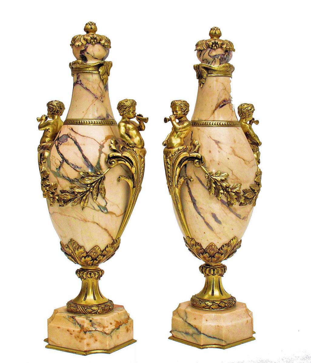 Paire De Grands Vases Napoléon III Marbre Et Bronze Doré-photo-3