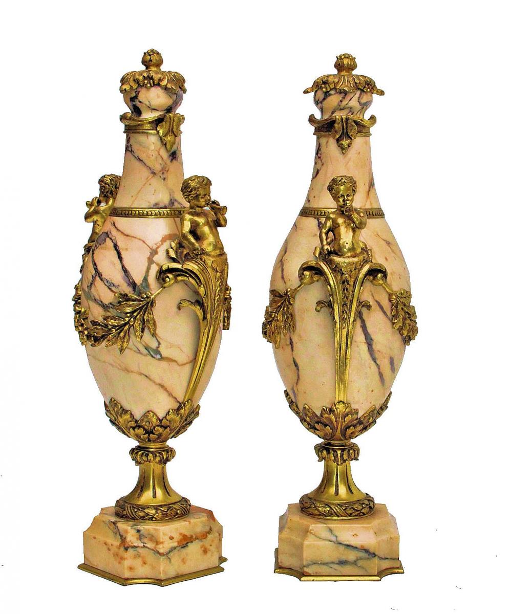 Paire De Grands Vases Napoléon III Marbre Et Bronze Doré-photo-4