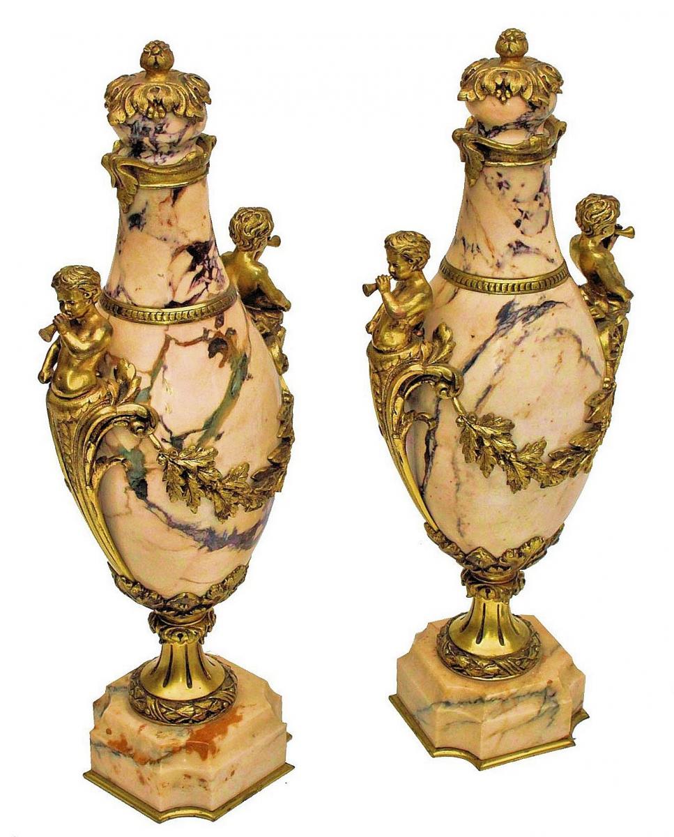 Paire De Grands Vases Napoléon III Marbre Et Bronze Doré-photo-1