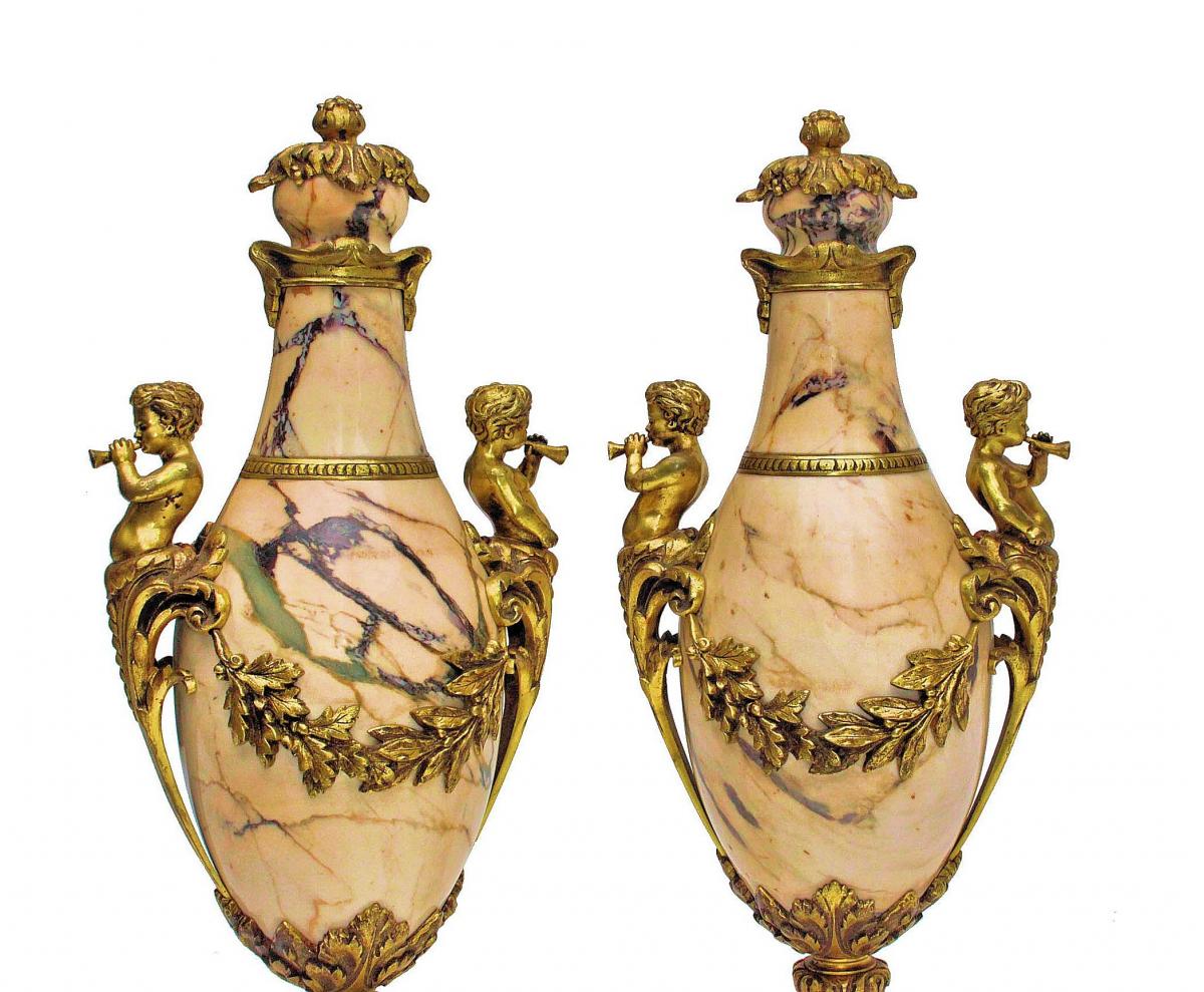 Paire De Grands Vases Napoléon III Marbre Et Bronze Doré-photo-2