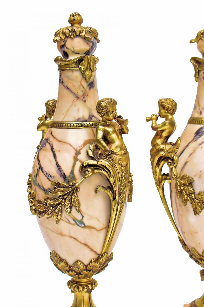 Paire De Grands Vases Napoléon III Marbre Et Bronze Doré-photo-4