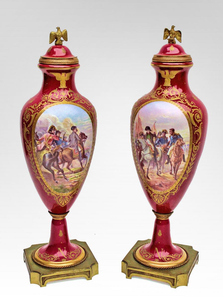 Paire De Grands Vases XIXe En Porcelaine Napoléon 1er-photo-2