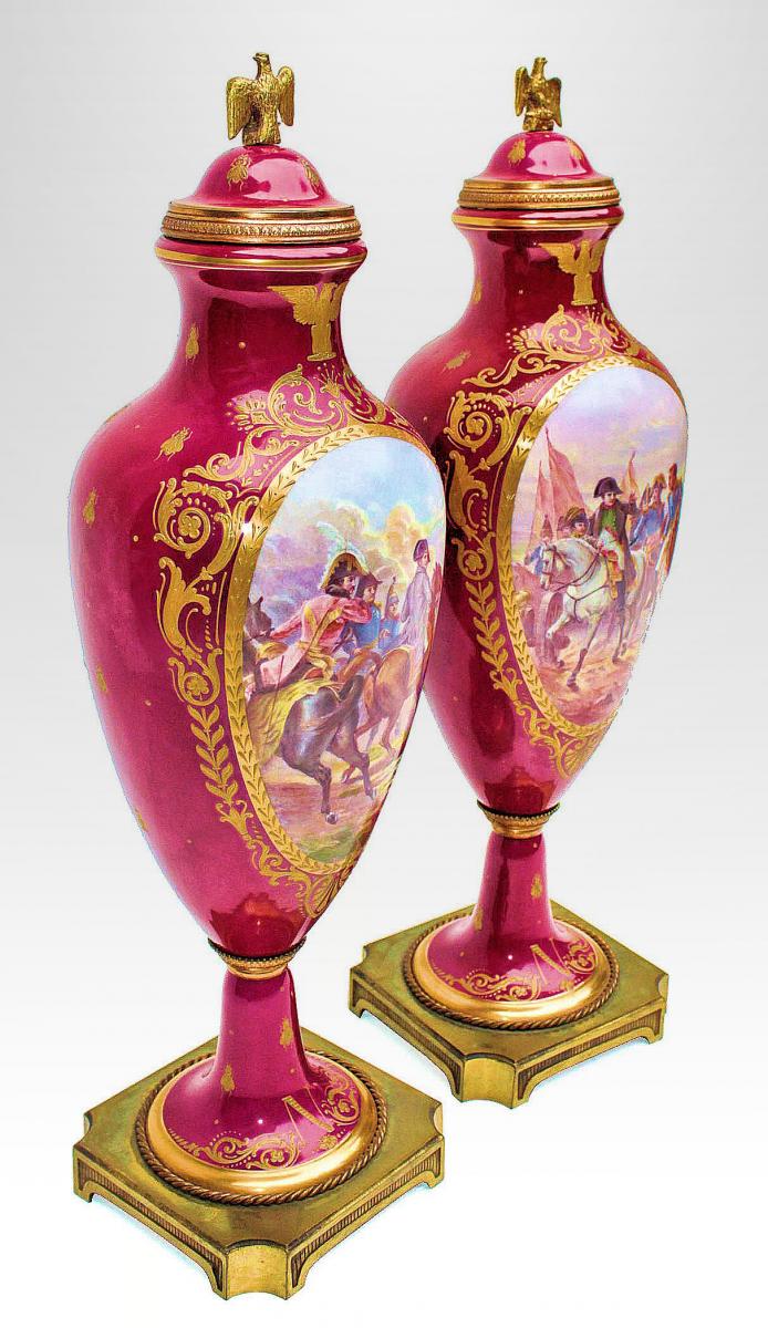 Paire De Grands Vases XIXe En Porcelaine Napoléon 1er-photo-1