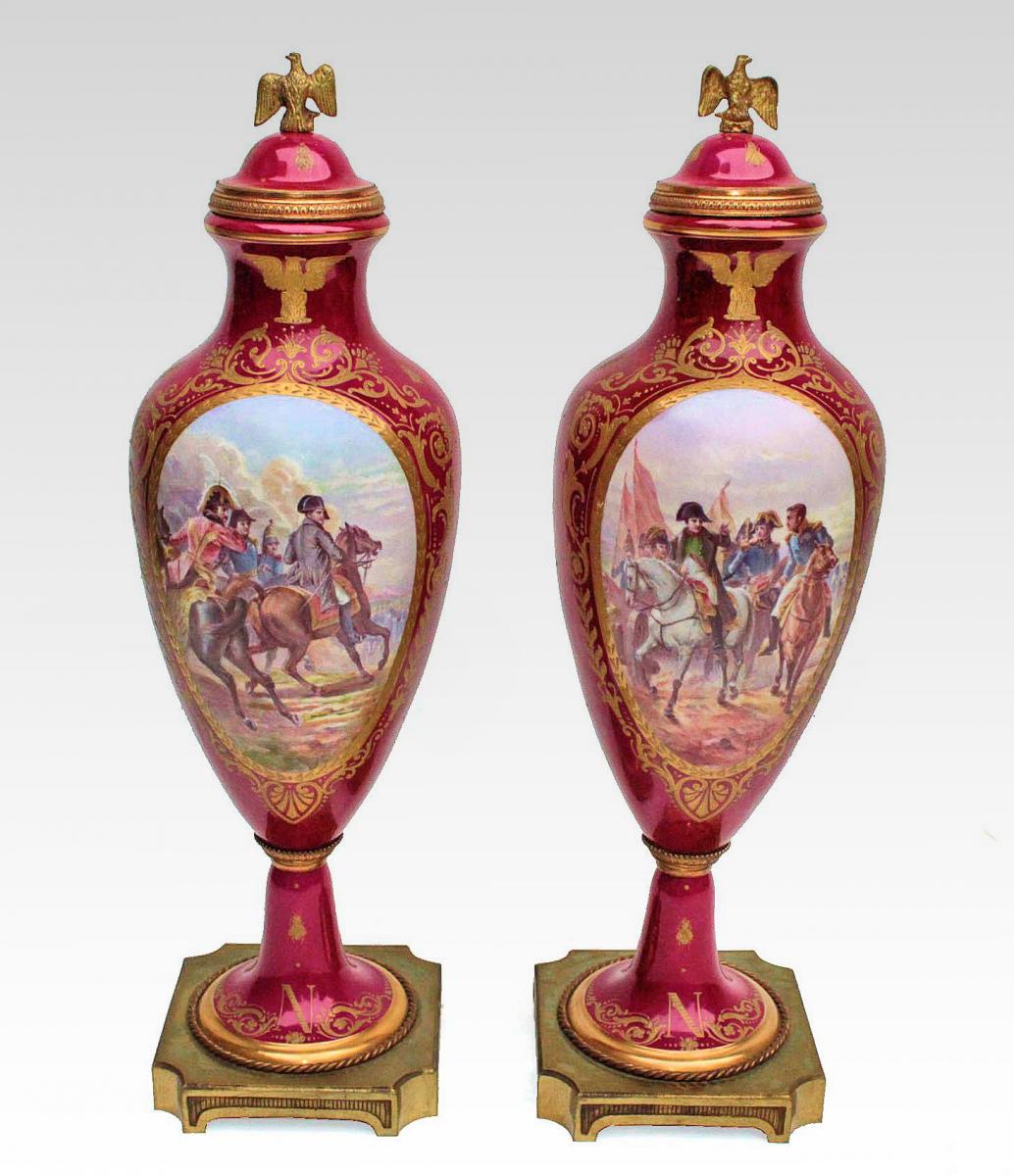 Paire De Grands Vases XIXe En Porcelaine Napoléon 1er-photo-2