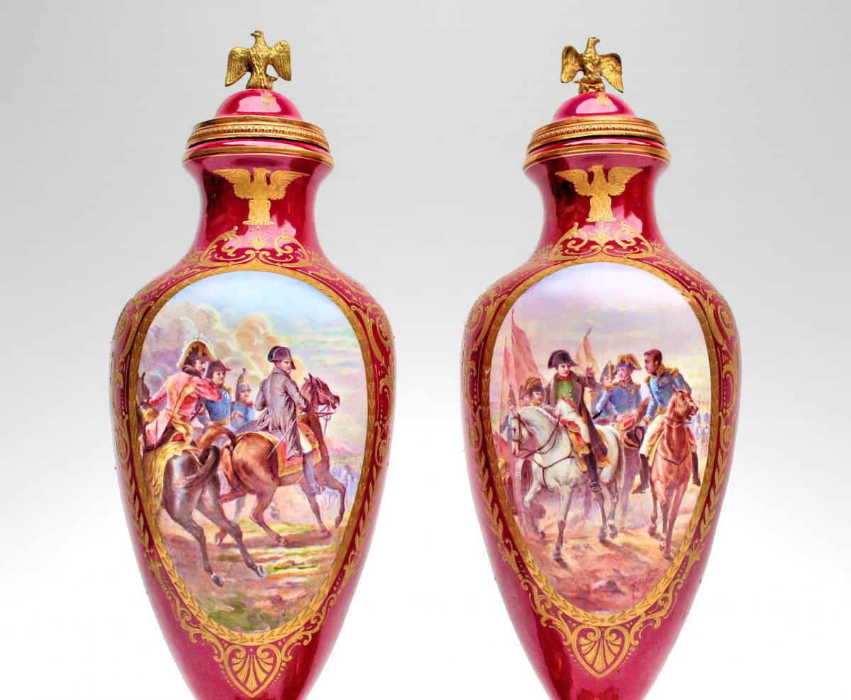 Paire De Grands Vases XIXe En Porcelaine Napoléon 1er-photo-3