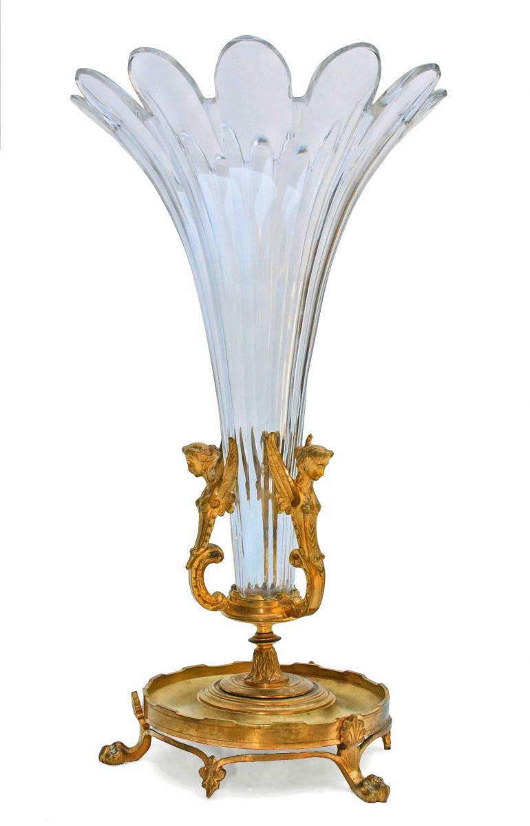 Large Napoléon III Cornet Vase In Crystal And Bronze