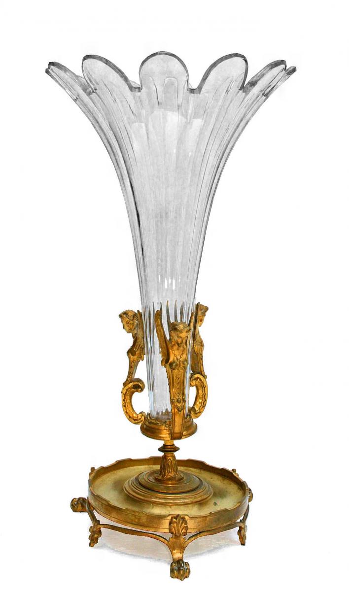 Grand Vase Cornet Napoléon III en Cristal et Bronze-photo-2