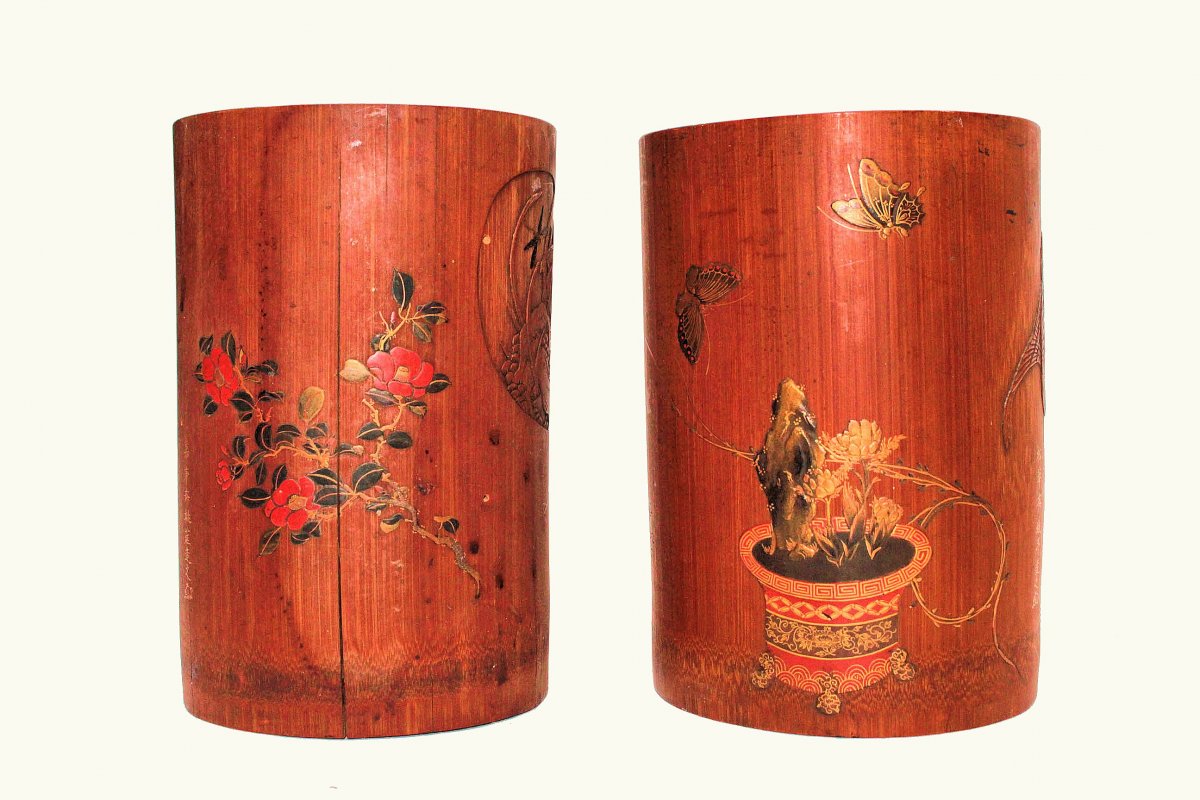 Japan Nineteenth Pair Of Carved And Lacquered Bamboo Brush Holders-photo-2