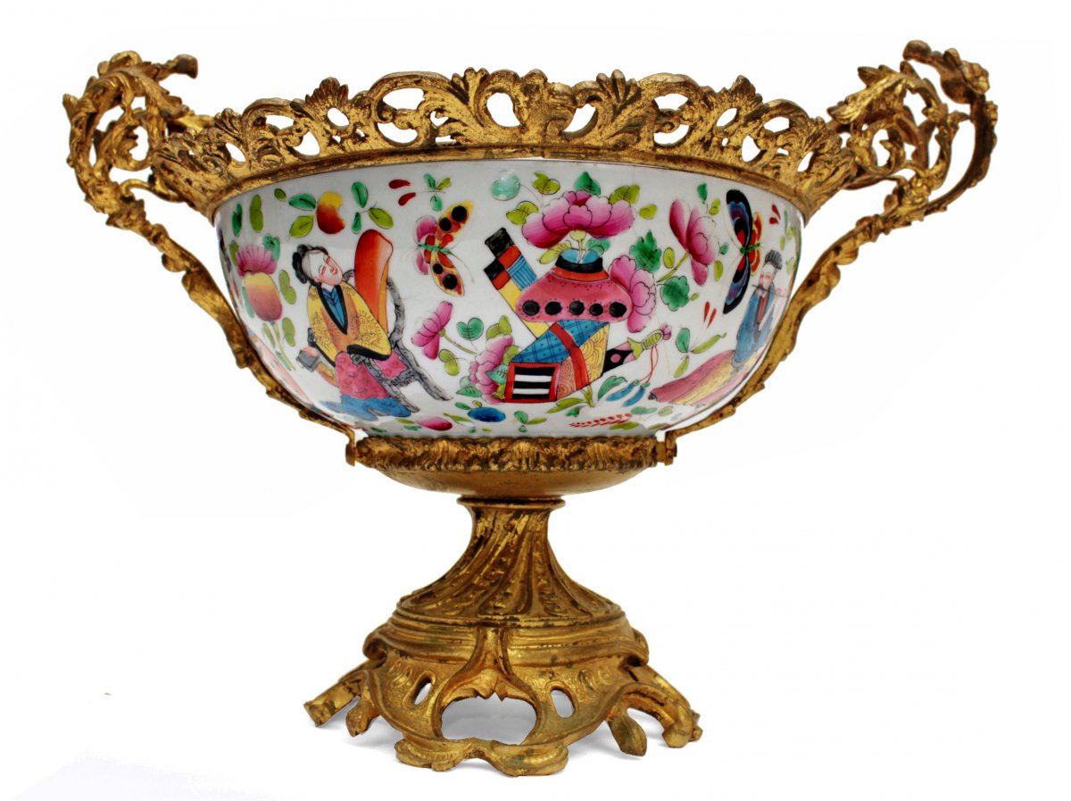 Coupe XIXe En Porcelaine De Chine Montée Bronze