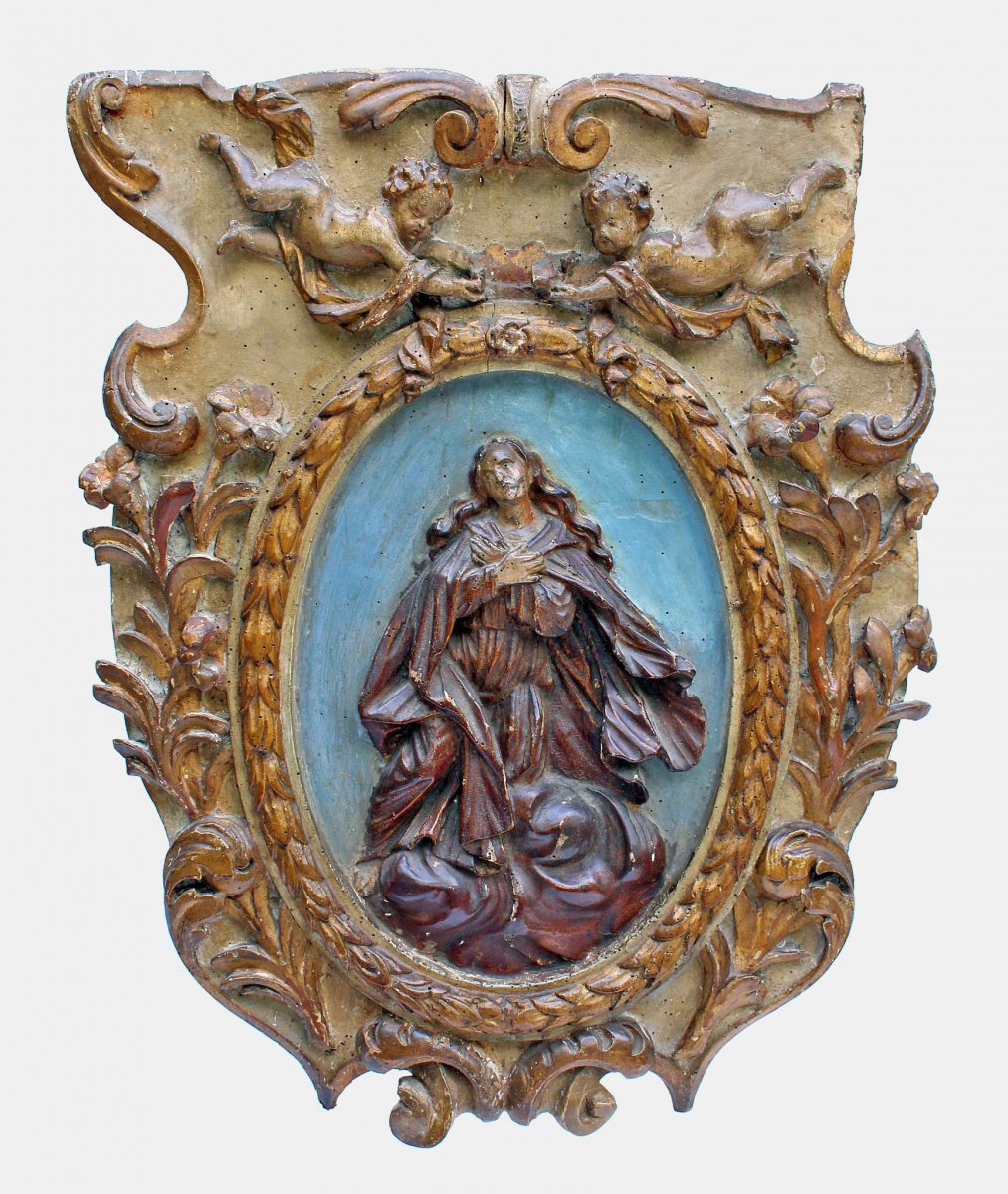 Retable XVIIe Ascension De La Vierge Bois Sculpté Doré Polychrome-photo-2