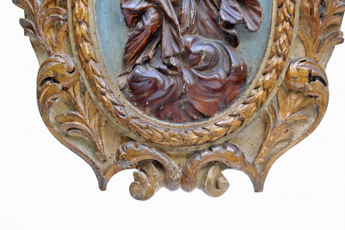 Retable XVIIe Ascension De La Vierge Bois Sculpté Doré Polychrome-photo-4