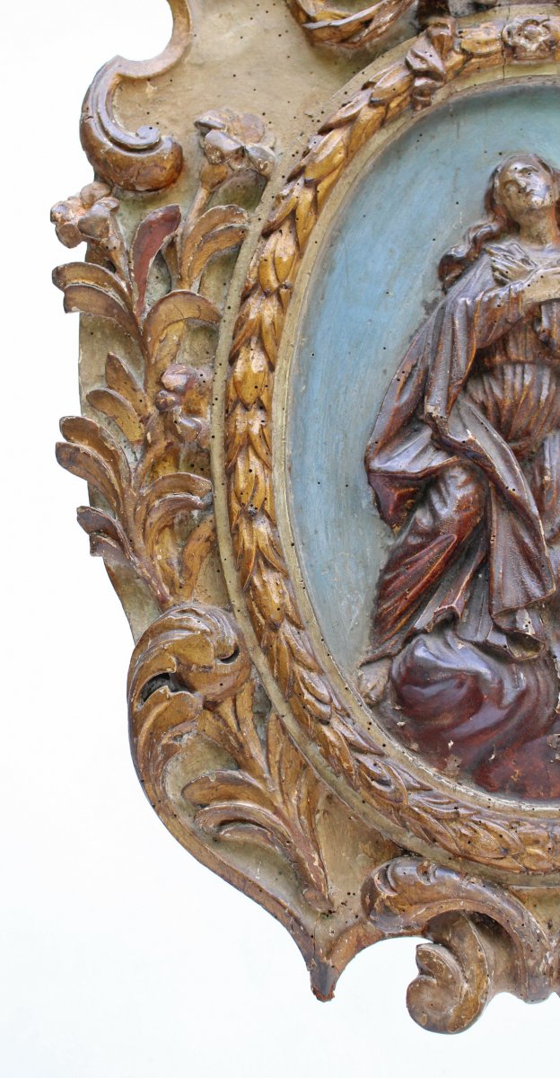 Retable XVIIe Ascension De La Vierge Bois Sculpté Doré Polychrome-photo-6