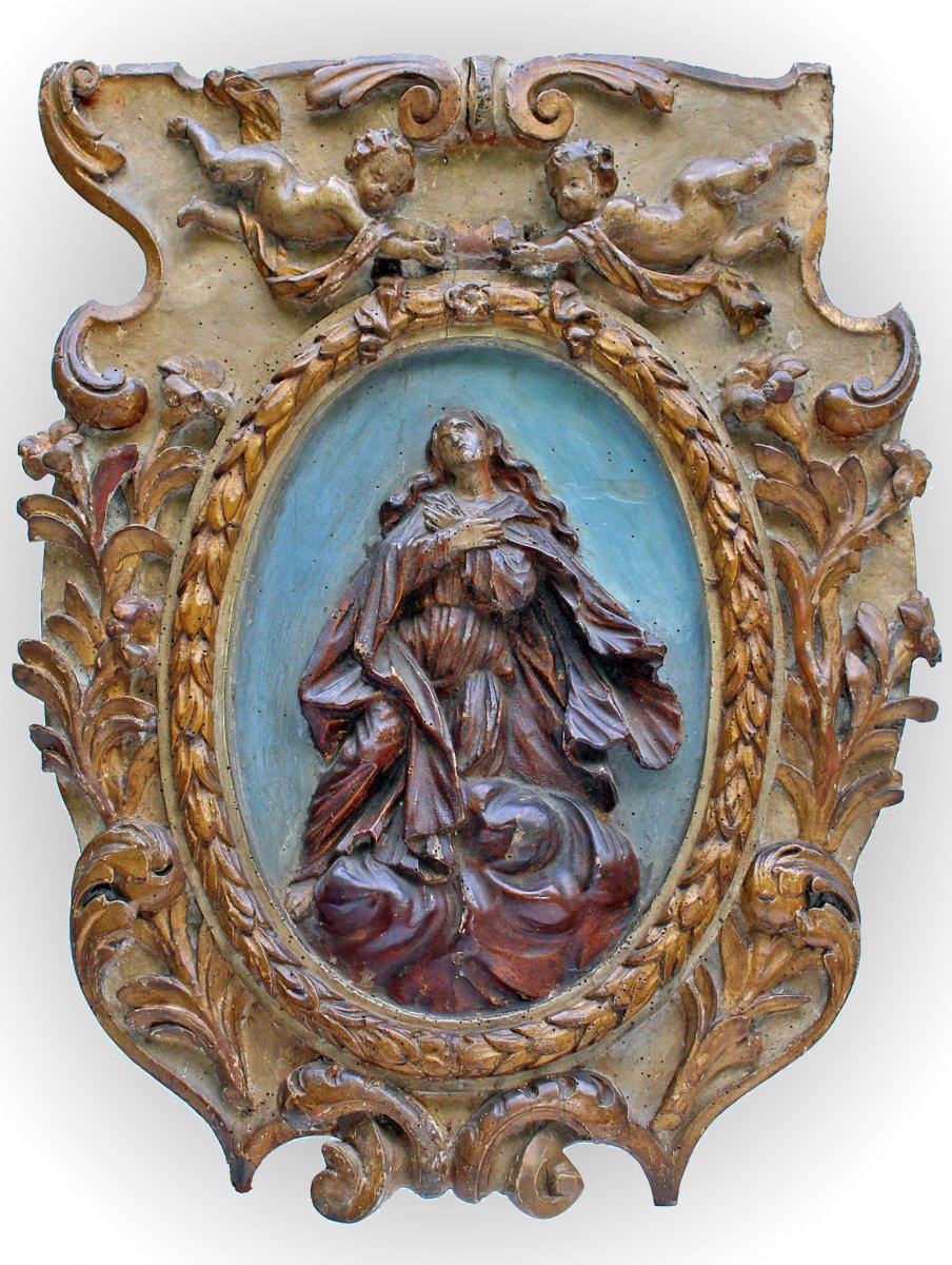 Retable XVIIe Ascension De La Vierge Bois Sculpté Doré Polychrome