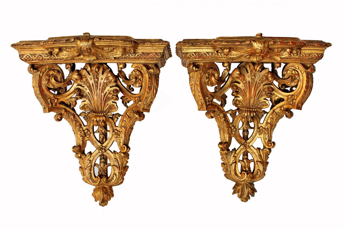 Paire De Consoles d'Appliques Napoléon III en Bois Doré -photo-2