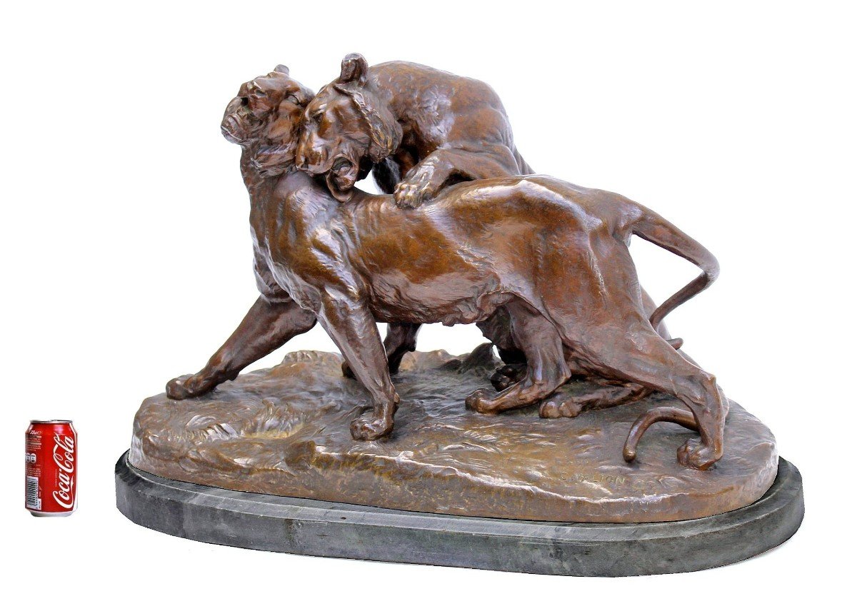 Charles Valton (1851-1918) Important Animal Bronze "prélude A l'Amour" (40 Kg)-photo-4
