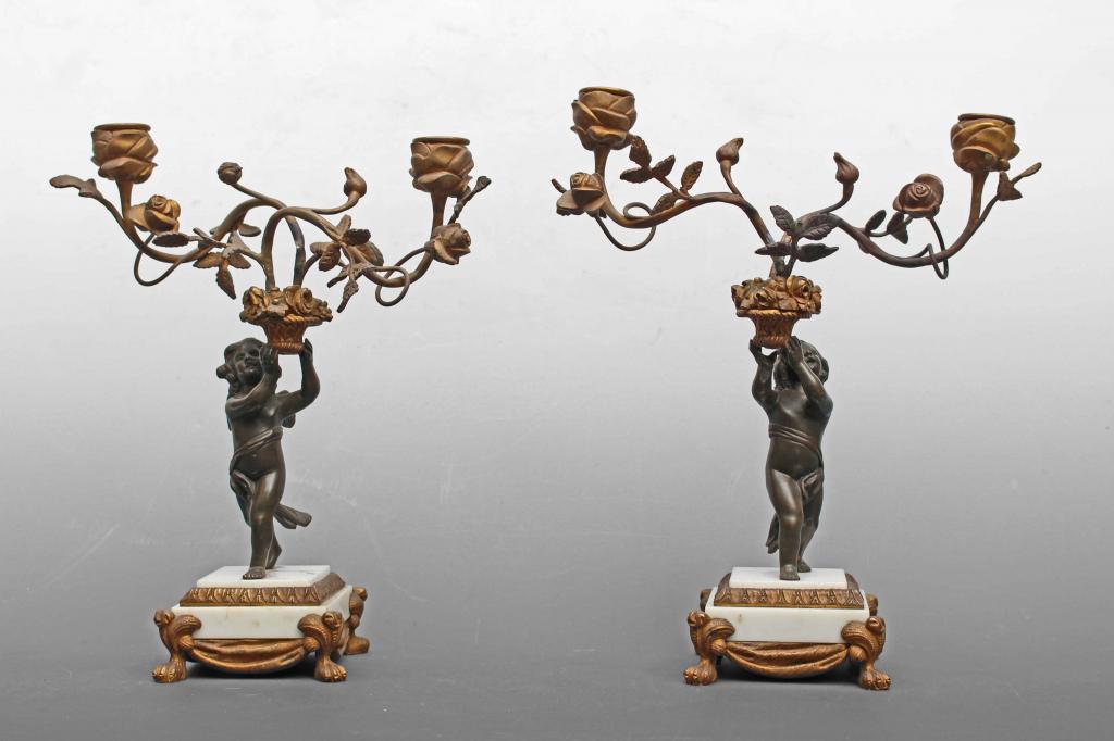 Pair Of Candlesticks In Louis XVI Bronze Decor Angels-photo-2