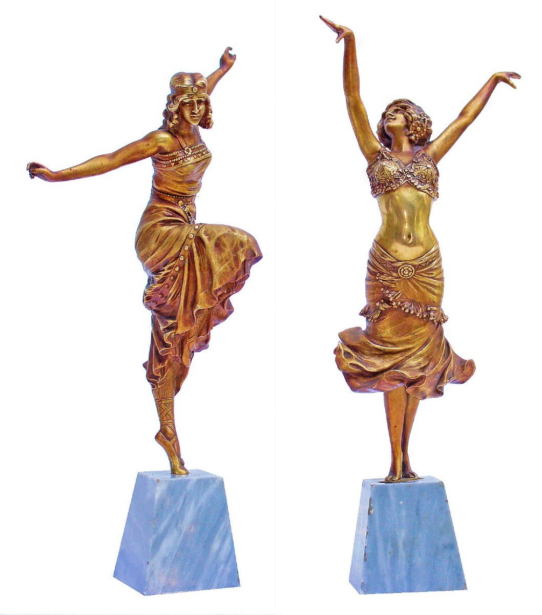 Paul Philippe (1870-1930) Rare Paire De Bronzes Art Déco Danseuses Russe Et Radha-photo-2