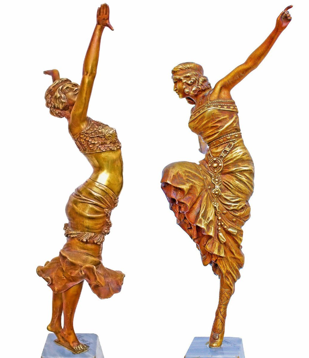 Paul Philippe (1870-1930) Rare Paire De Bronzes Art Déco Danseuses Russe Et Radha-photo-2
