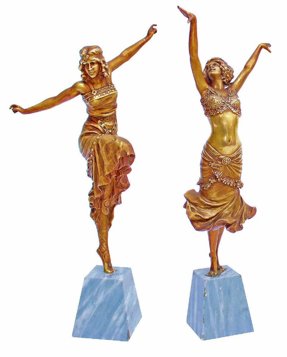 Paul Philippe (1870-1930) Rare Paire De Bronzes Art Déco Danseuses Russe Et Radha