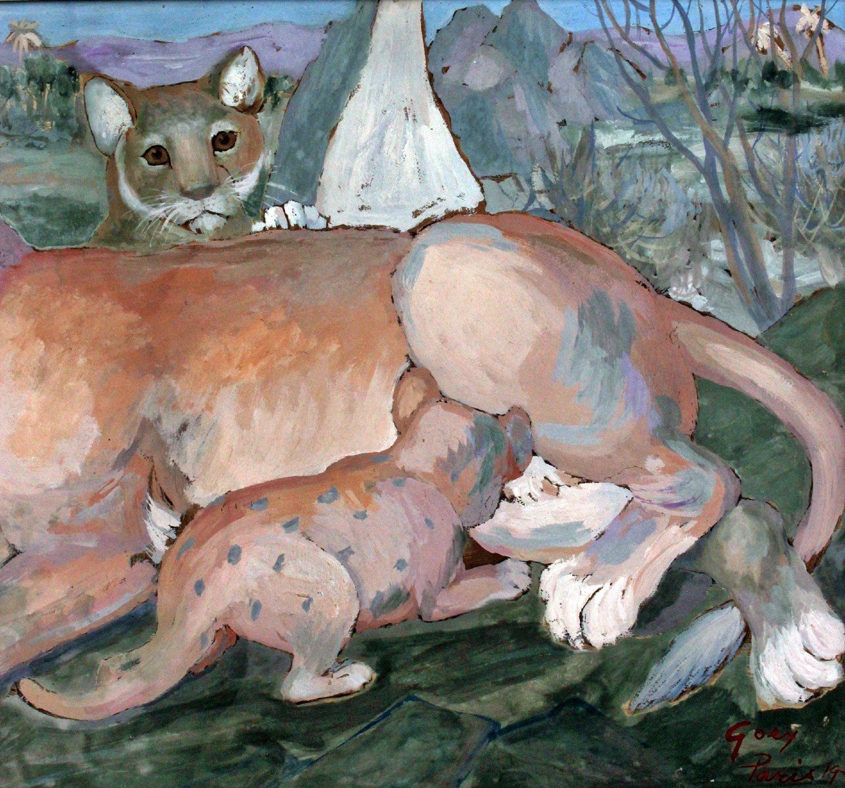 Walter Goey (XXe) "Lionne et ses Petits" Grande Gouache Art Déco-photo-4