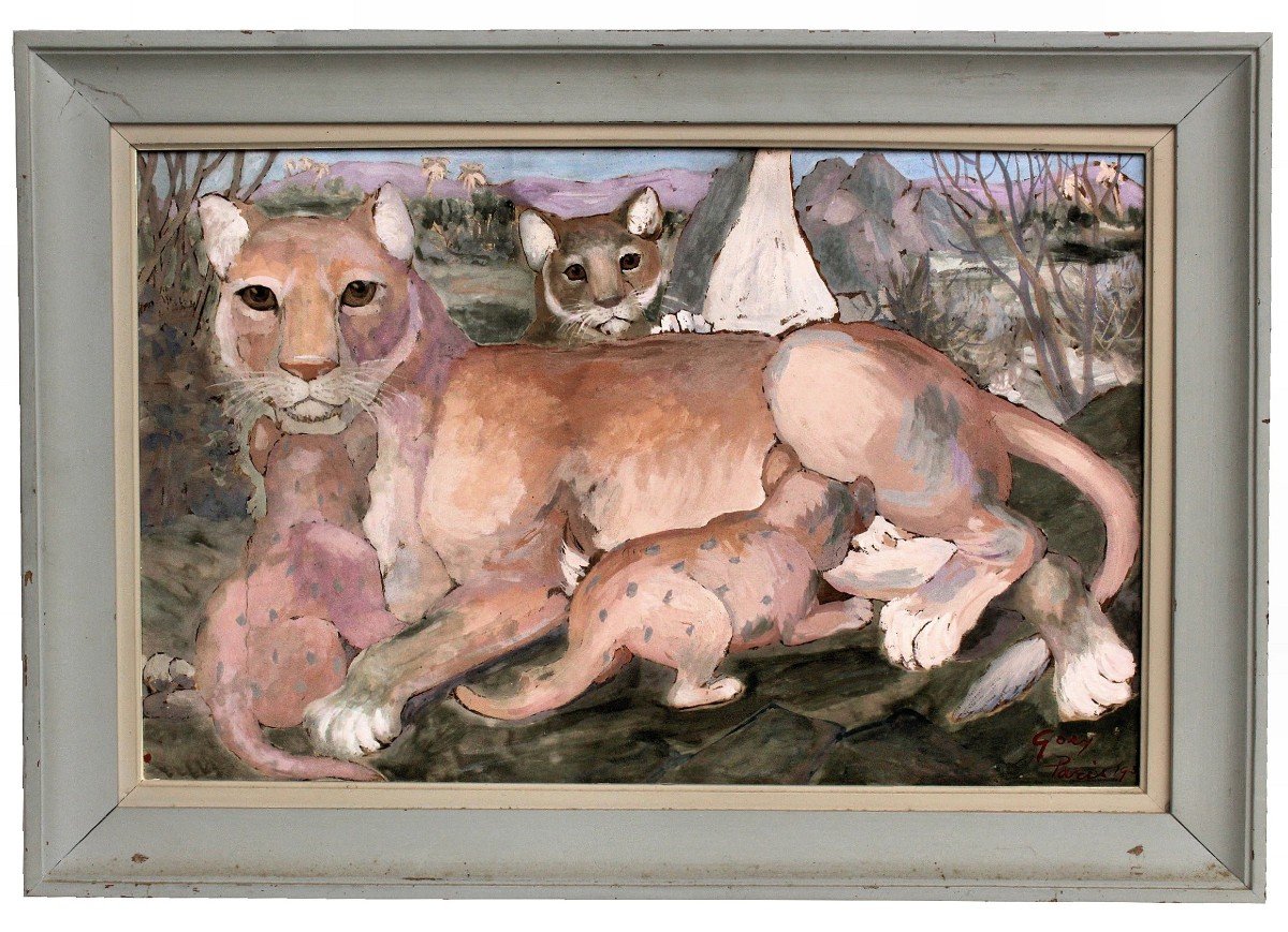 Walter Goey (XXe) "Lionne et ses Petits" Grande Gouache Art Déco