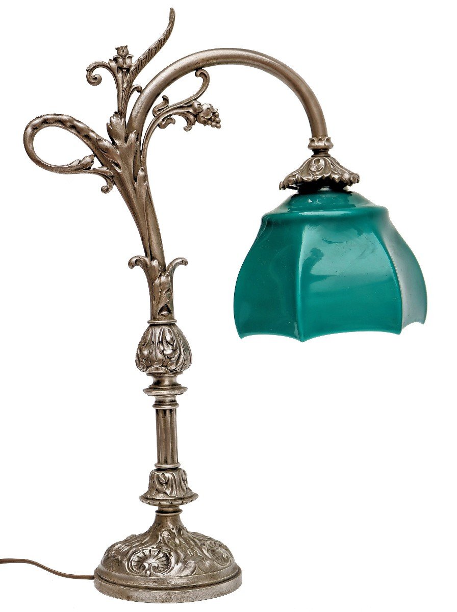 Grande Lampe de Bureau 1900 en bronze argenté et opaline-photo-2