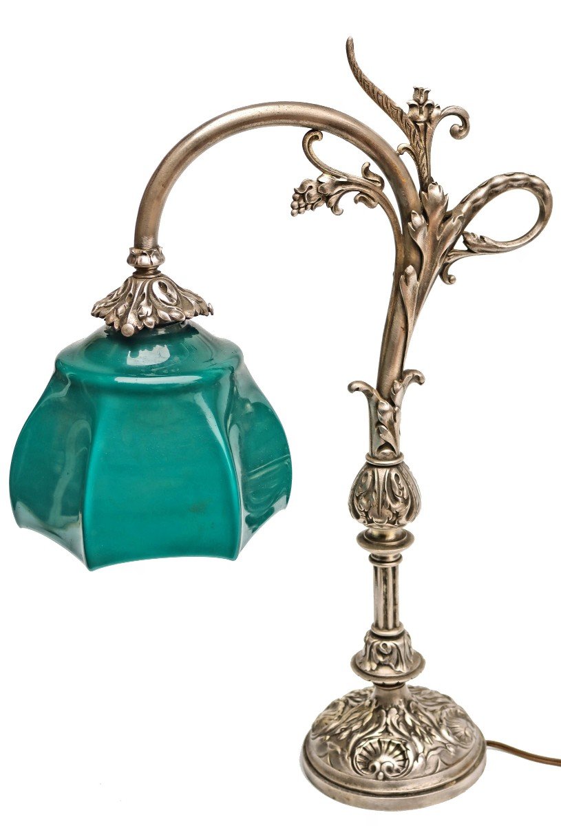 Grande Lampe de Bureau 1900 en bronze argenté et opaline-photo-3