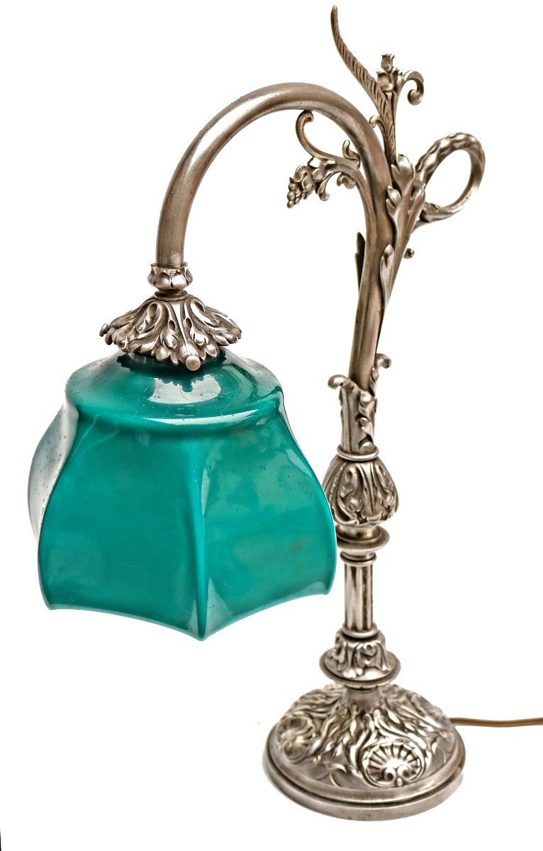 Large 1900 Table Lamp In Silvered Bronze And Opaline-photo-1