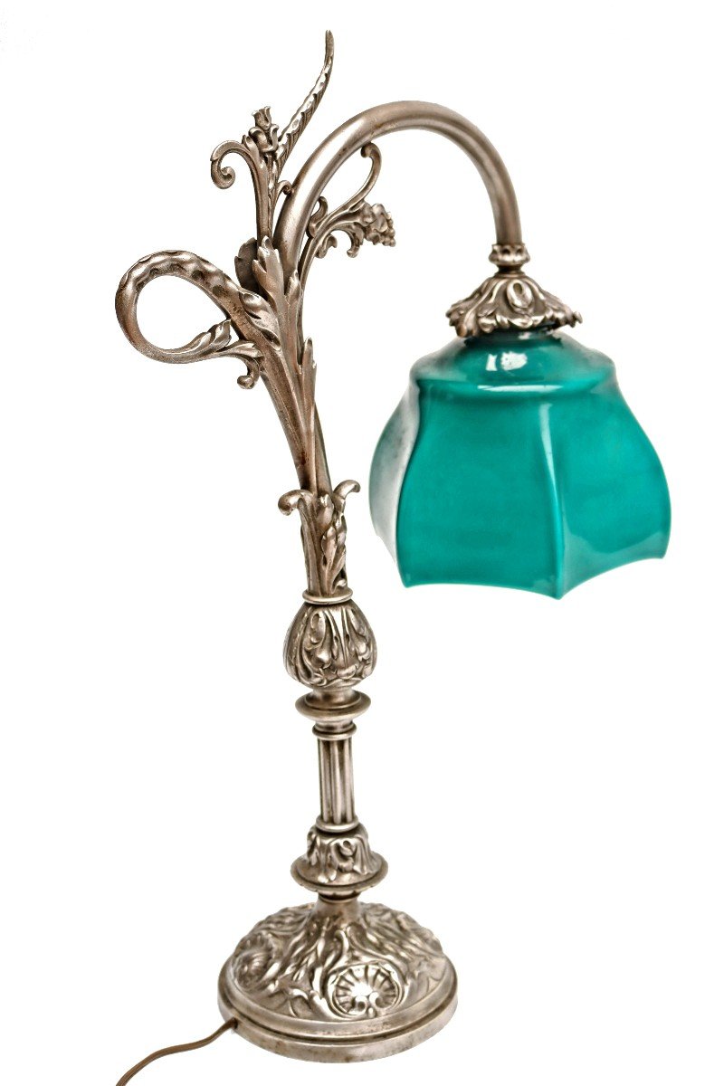 Grande Lampe de Bureau 1900 en bronze argenté et opaline-photo-2