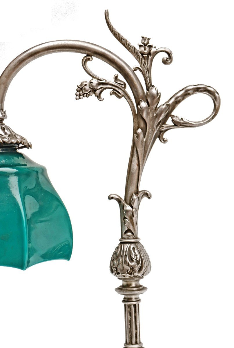 Large 1900 Table Lamp In Silvered Bronze And Opaline-photo-5