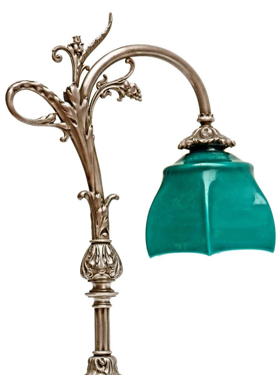 Grande Lampe de Bureau 1900 en bronze argenté et opaline-photo-7