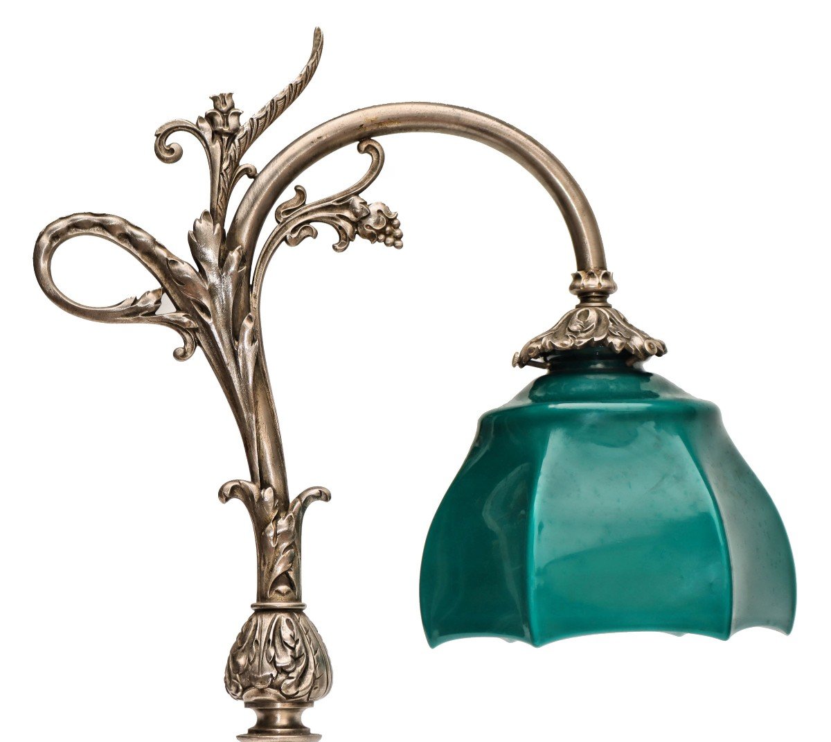 Grande Lampe de Bureau 1900 en bronze argenté et opaline-photo-8