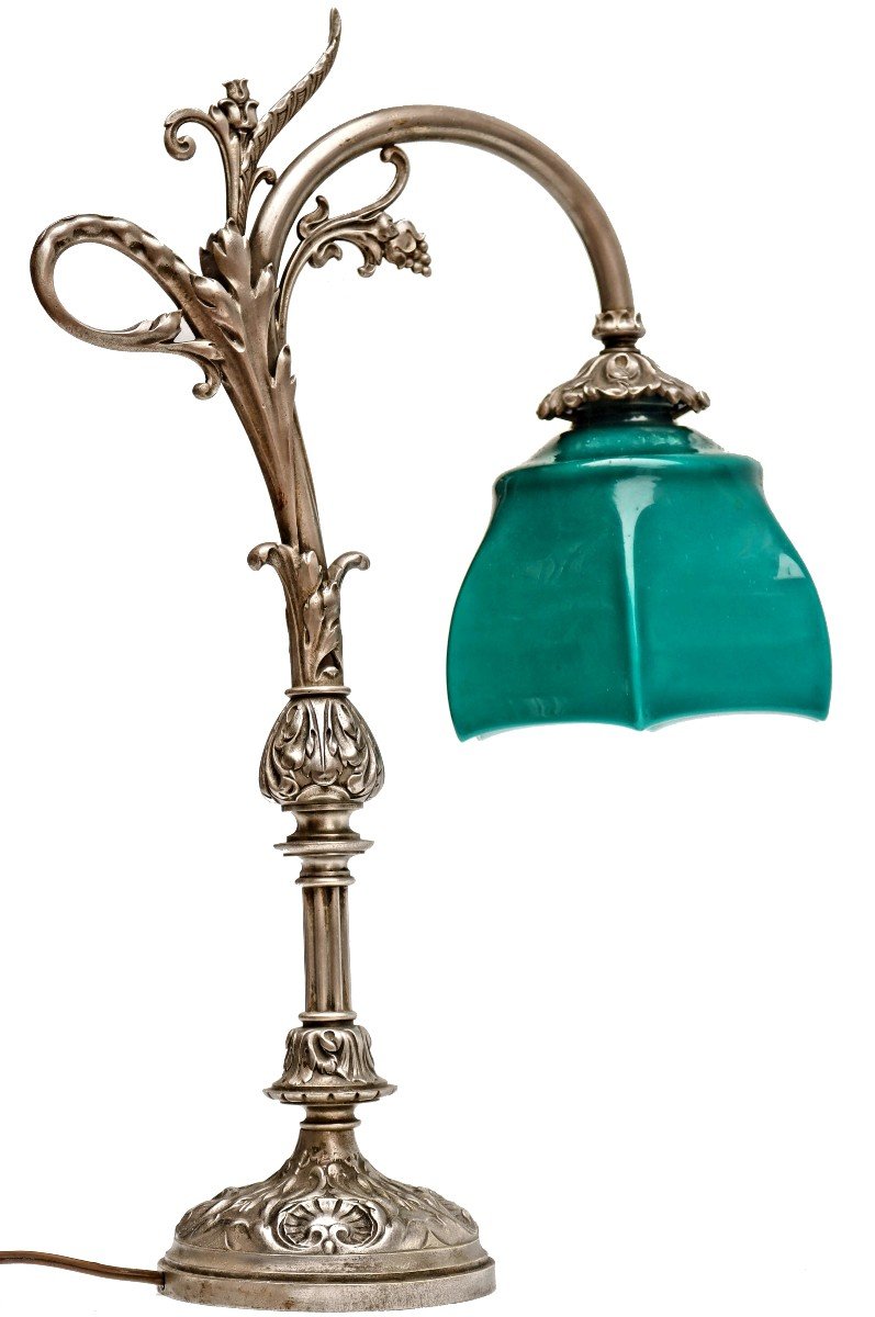 Grande Lampe de Bureau 1900 en bronze argenté et opaline