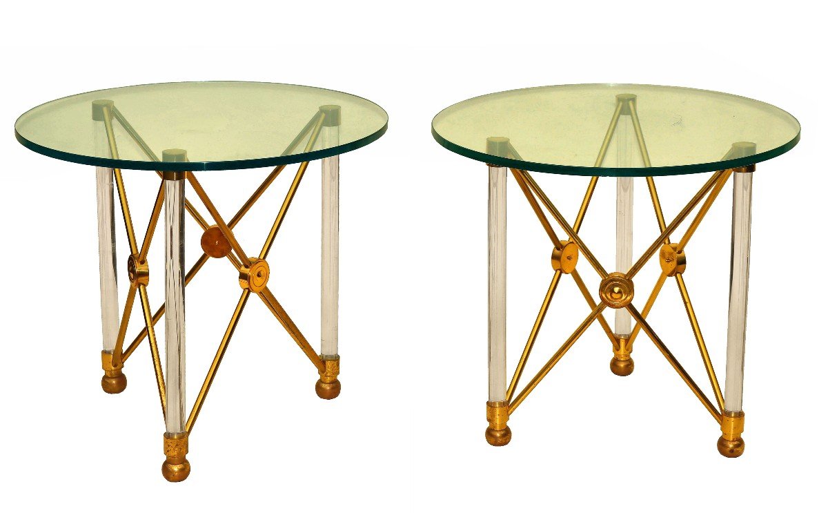 Sandro Petti 20th Pair Of Neoclassical Pedestal Tables In Bronze And Lucite-photo-3