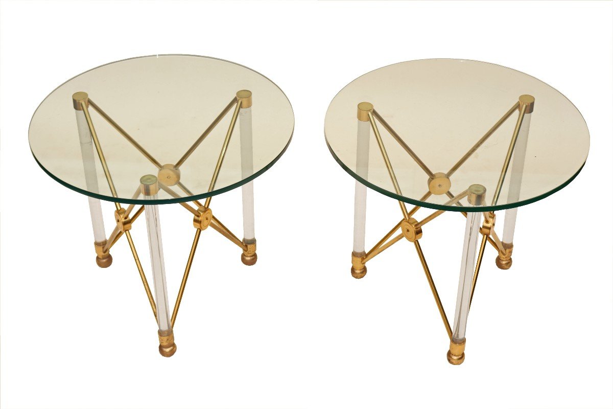 Sandro Petti 20th Pair Of Neoclassical Pedestal Tables In Bronze And Lucite-photo-4
