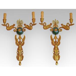 Pair Of Bronze Sconces With Winged Victories