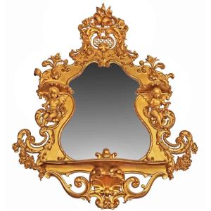 Large Baroque Mirror In Golden Wood With Cherubs