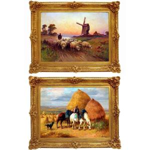 Paire de Grands Tableaux Ecole de Barbizon signés Martinez et Derians