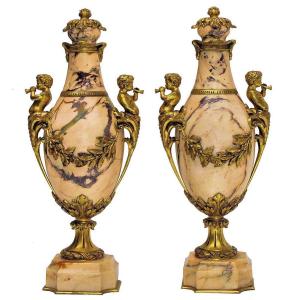 Pair Of Large Marble And Gilt Bronze Vases, Napoleon III 