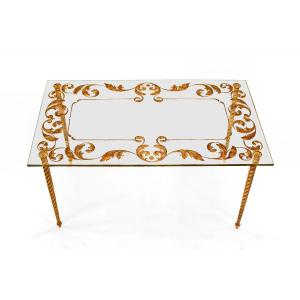 Table Art Déco 1940 Verre Gravé Doré à Piétement Bronze