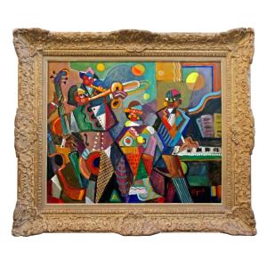 Jozef Popczyk (1890-1971) Large Art Deco Cubist Painting -the Jazz Orchestra-.