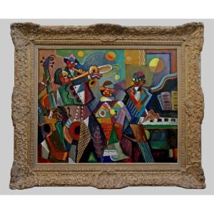 Jozef POPCZYK (1890-1971) Grand Tableau Cubiste Art Déco -L'orchestre de Jazz-