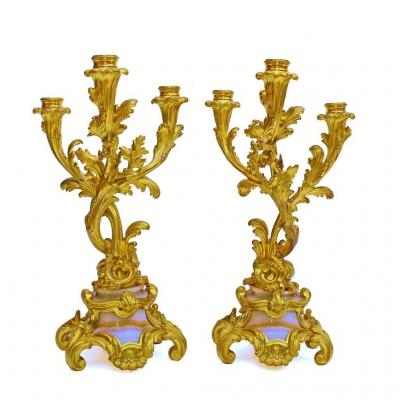 Paire De Candélabres Rocaille XIXe Bronze Et Onyx