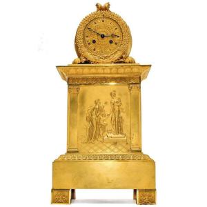 Large Pendulum Borne 1er Empire In Gilded Bronze