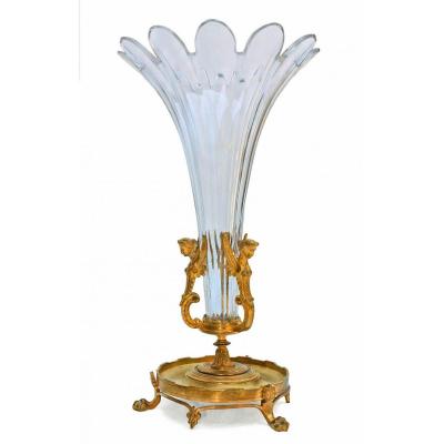 Large Napoléon III Cornet Vase In Crystal And Bronze