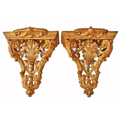 Paire De Consoles d'Appliques Napoléon III en Bois Doré 