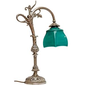 Large 1900 Table Lamp In Silvered Bronze And Opaline